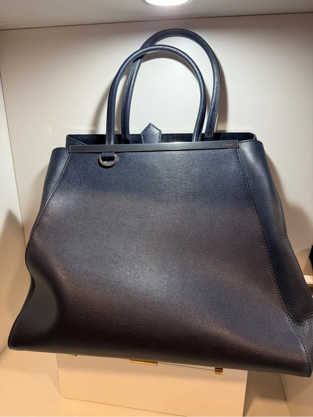 Fendi Navy Blue Grained Leather Tote
